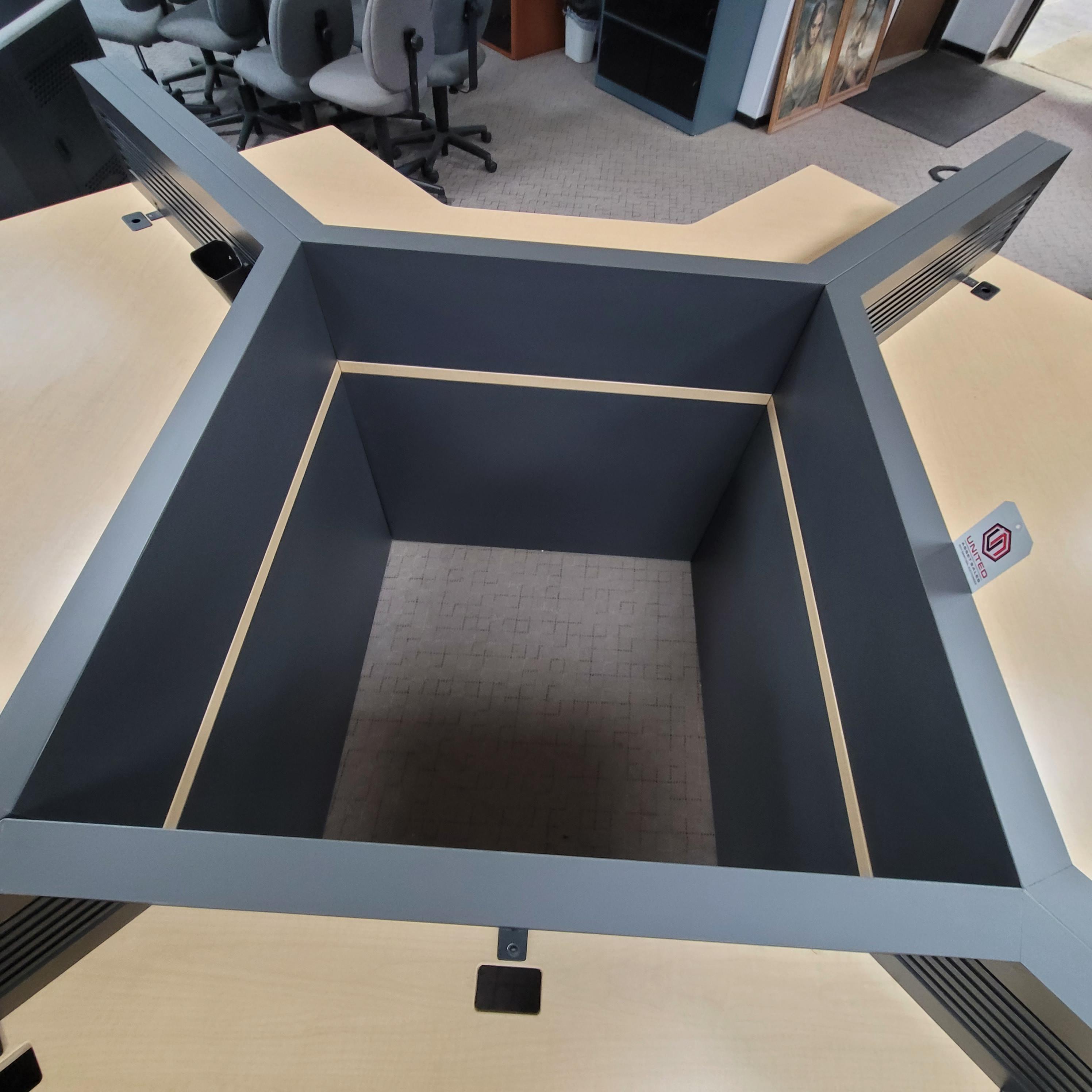 LOT - (4) L-SHAPE CONSOLE CONFIGURATIONS OF FOUR W/ SLATWALLS, STORAGE CABINETS, COLOR: ASH & WROUGHT IRON-181