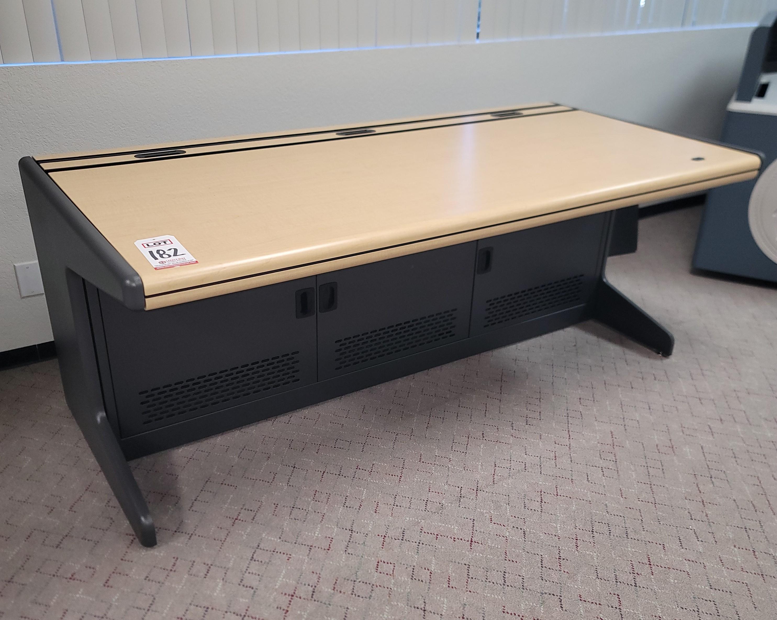 LINEAR METAL CONSOLE W/ EMBEDDED MONITOR MOUNTING SYSTEM, MOTORIZED HEIGHT ADJUSTABLE WORKSURFACE, INTEGRATED CPU STORAGE, COLOR: ASH & WROUGHT IRON, DIM: 72" X 36"-182