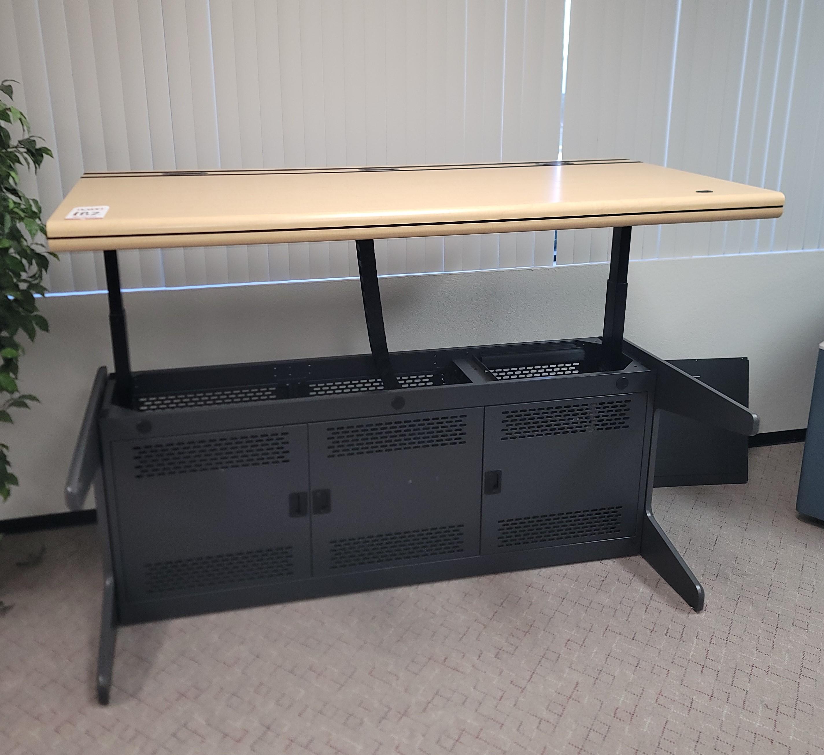 LINEAR METAL CONSOLE W/ EMBEDDED MONITOR MOUNTING SYSTEM, MOTORIZED HEIGHT ADJUSTABLE WORKSURFACE, INTEGRATED CPU STORAGE, COLOR: ASH & WROUGHT IRON, DIM: 72" X 36"-182