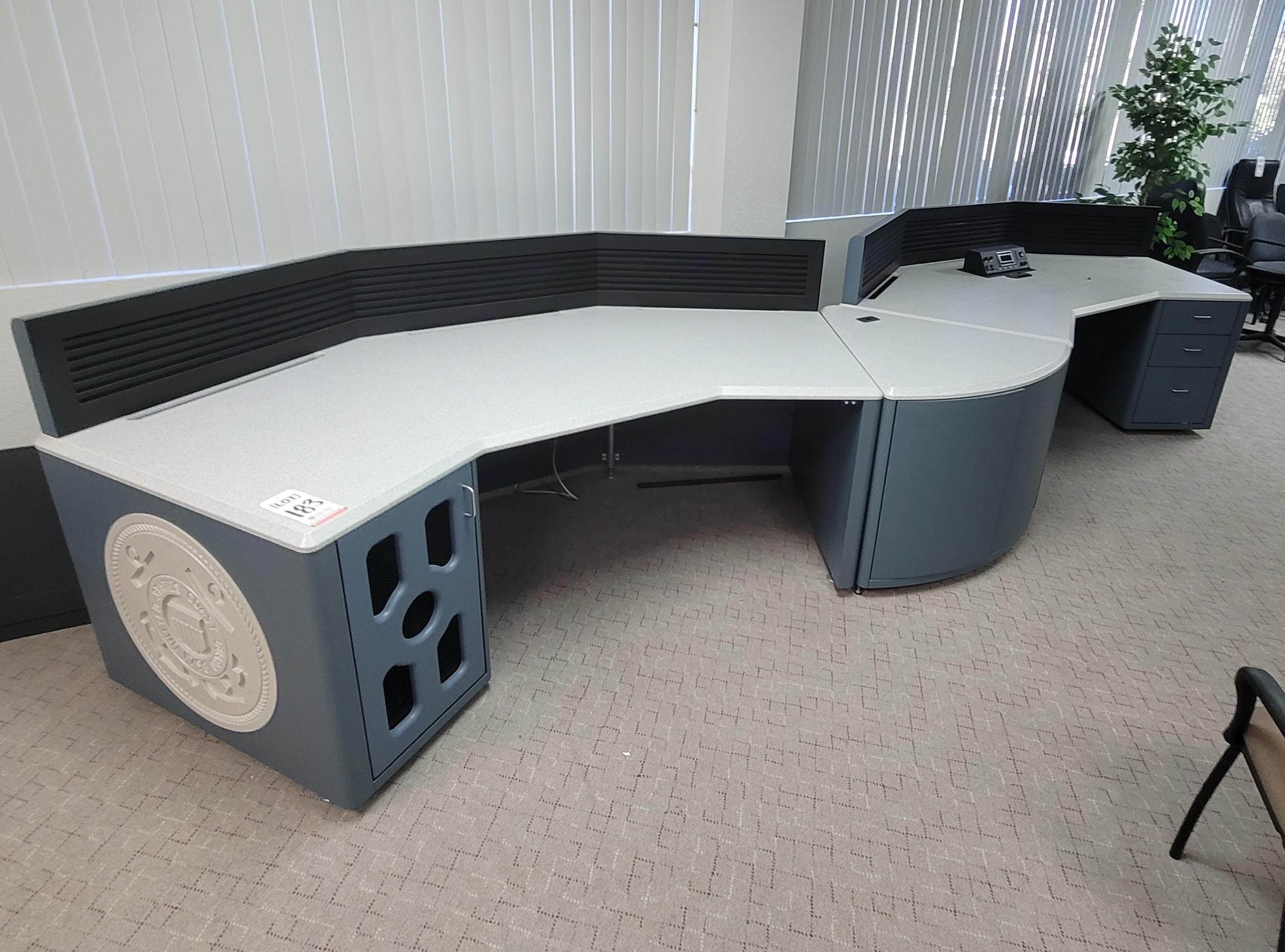 LOT - (2) COCKPIT STYLE GULLWING CONFIGURATIONS W/ HYDRAULIC LIFTING SYSTEM, SLATWALLS, CPU STORAGE, DRAWER PEDESTAL AND PIE-SHAPED TRANSITION, COLOR: GRANITE & STEEL BLUE-183