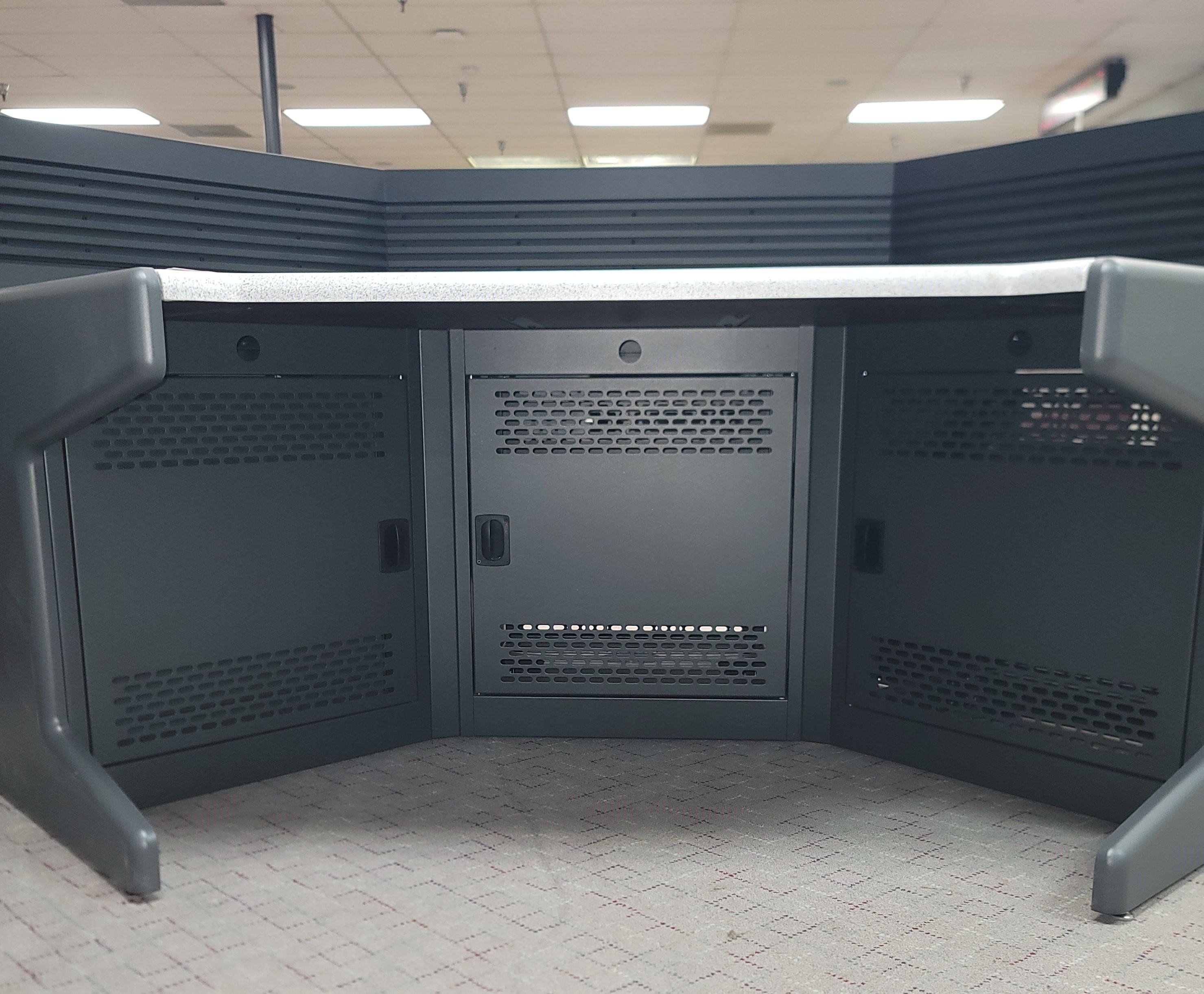 COCKPIT STYLE METAL BASE CONSOLE, SLATWALL, INTEGRATED CPU STORAGE, COLOR: GRANITE & WROUGHT IRON-184