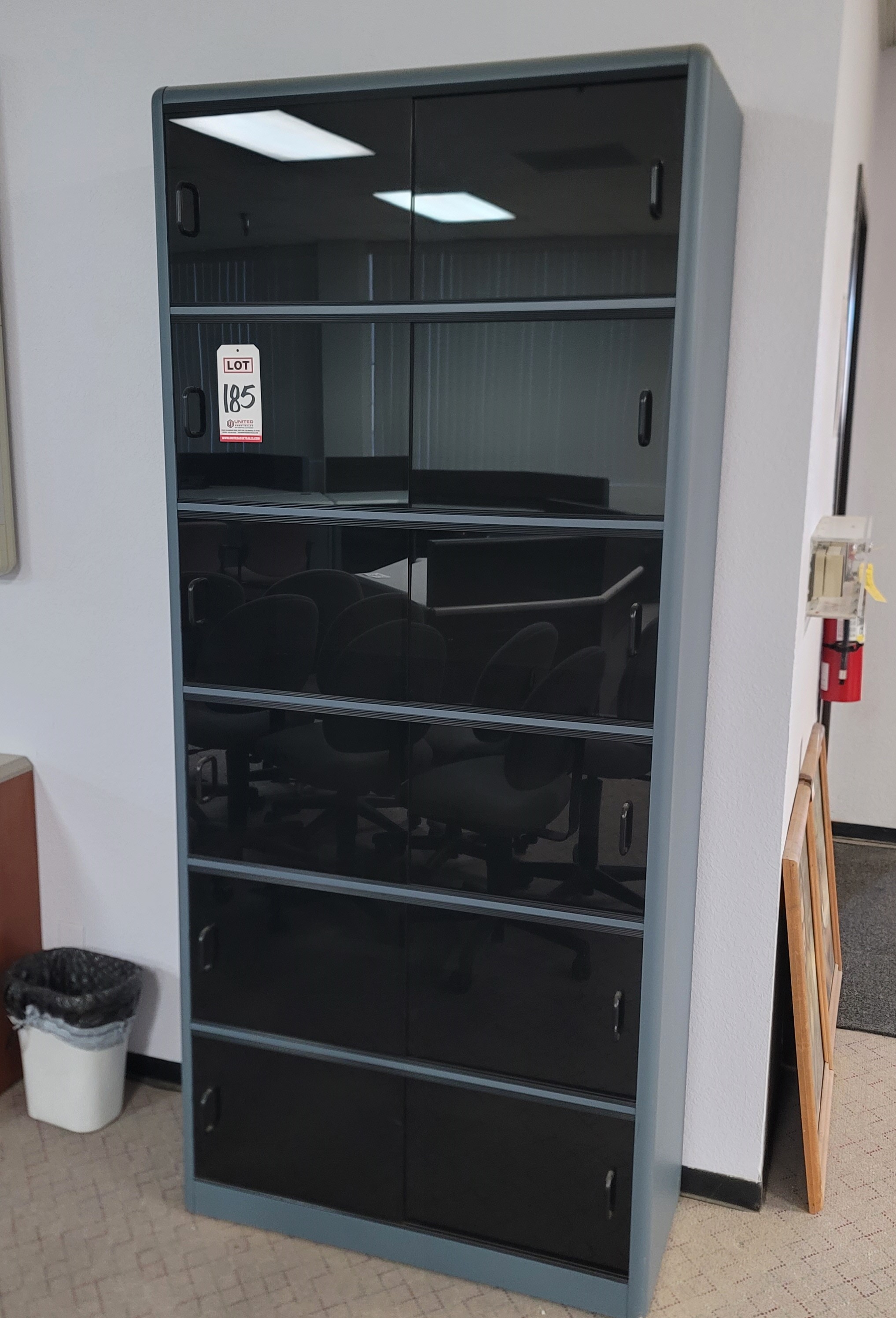 LOT - (2) TALL BOOKCASES W/ ACRYLIC SLIDING DOORS, COLOR: STEEL BLUE, DIM: 36"W X 16"D X 80"T-185