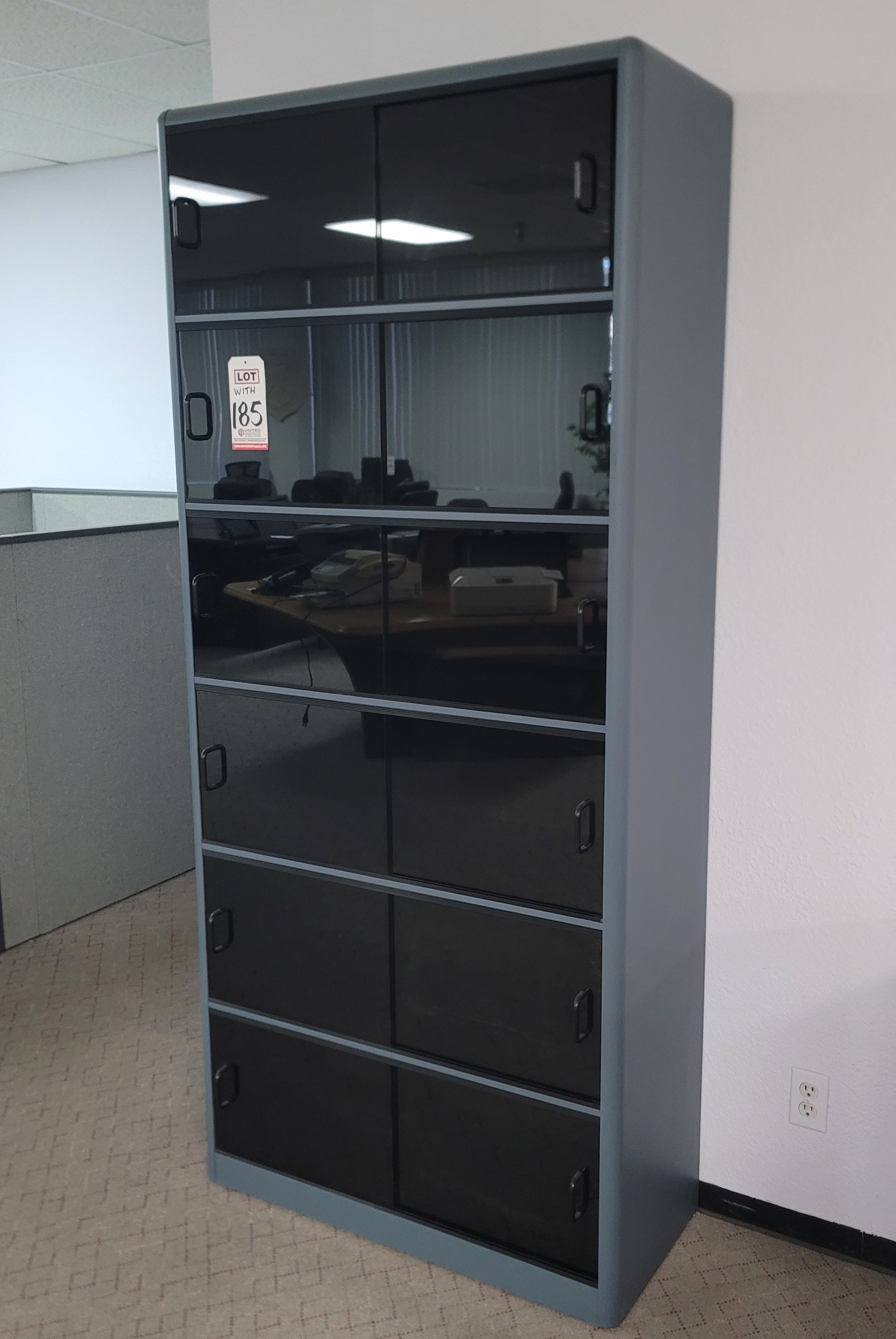 LOT - (2) TALL BOOKCASES W/ ACRYLIC SLIDING DOORS, COLOR: STEEL BLUE, DIM: 36"W X 16"D X 80"T-185