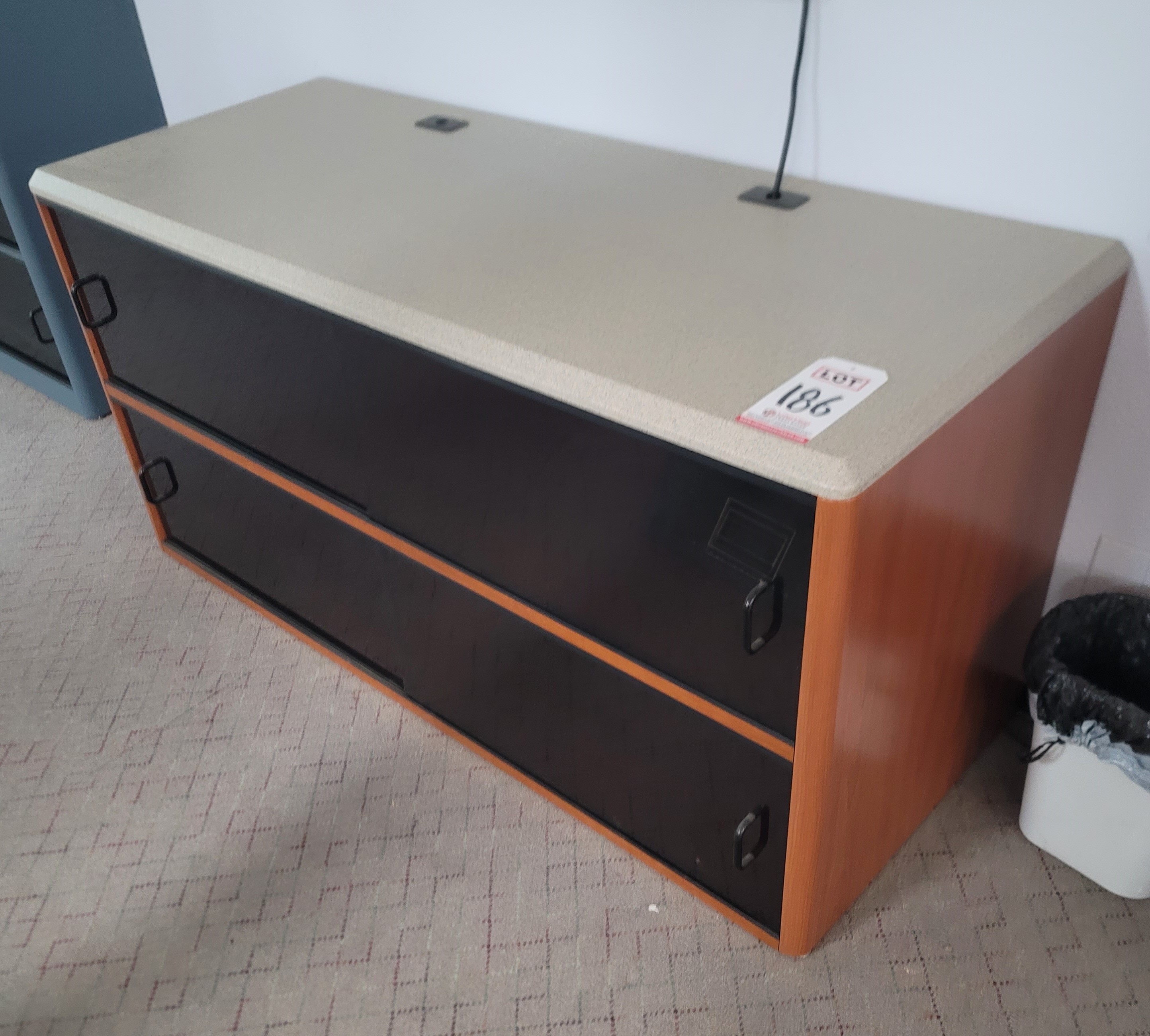 STORAGE CREDENZA W/ ACRYLIC SLIDING DOORS, COLOR: GRANITE & CHERRY, DIM: 60" X 24"-186