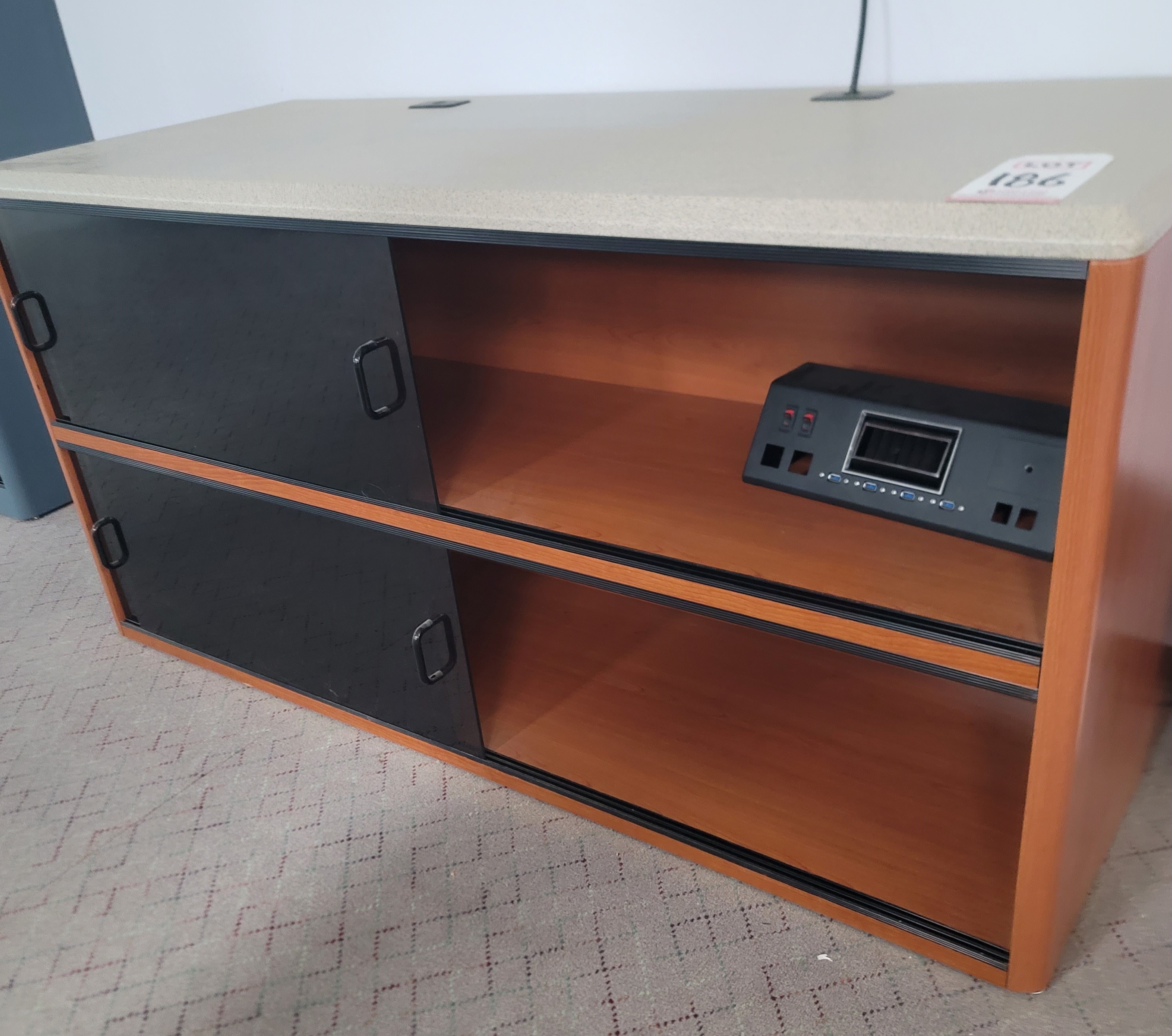 STORAGE CREDENZA W/ ACRYLIC SLIDING DOORS, COLOR: GRANITE & CHERRY, DIM: 60" X 24"-186