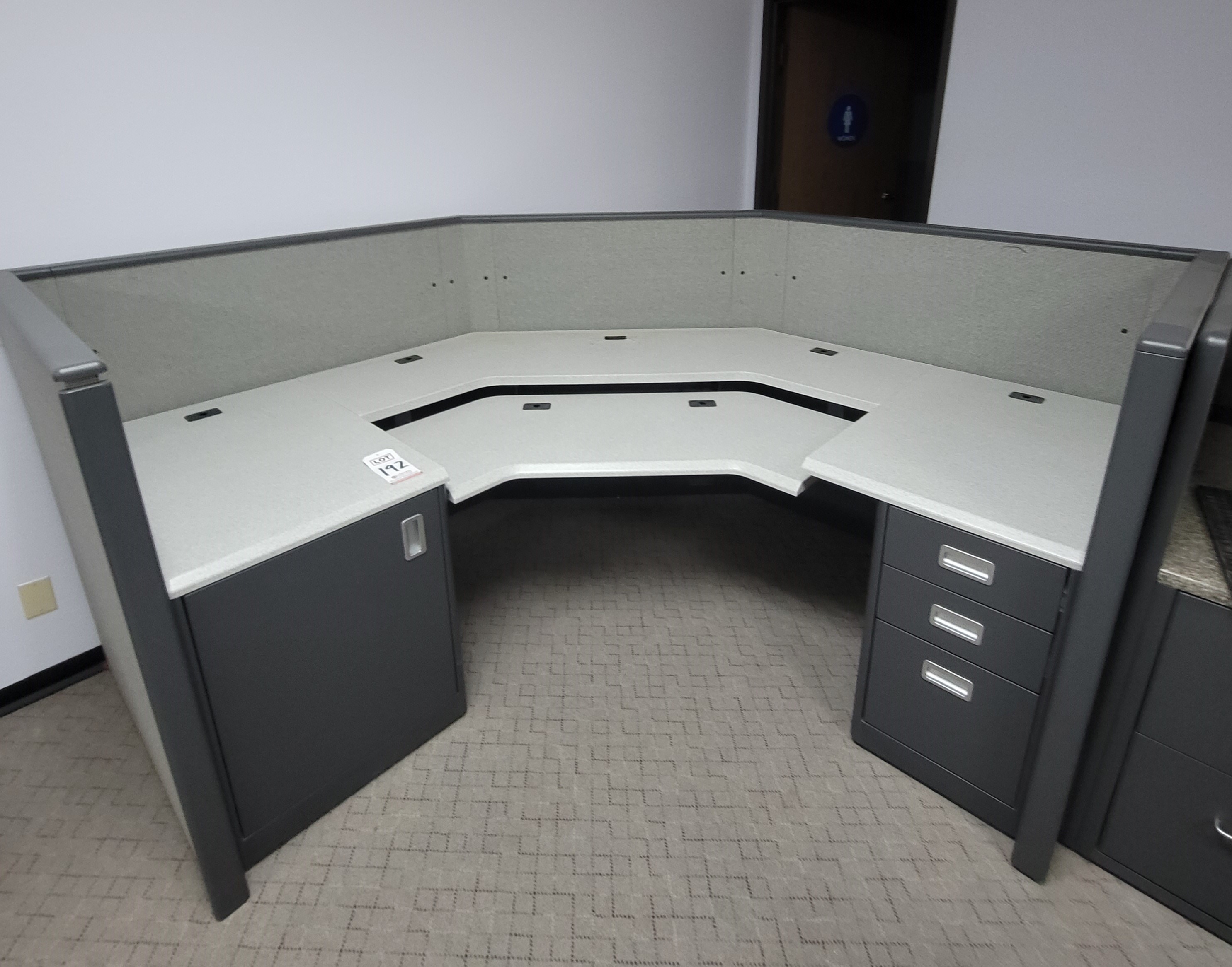 DISPATCH CONSOLE W/ SLATWALL, STORAGE AND MANUAL WORKSURFACE LIFT SYSTEM-192