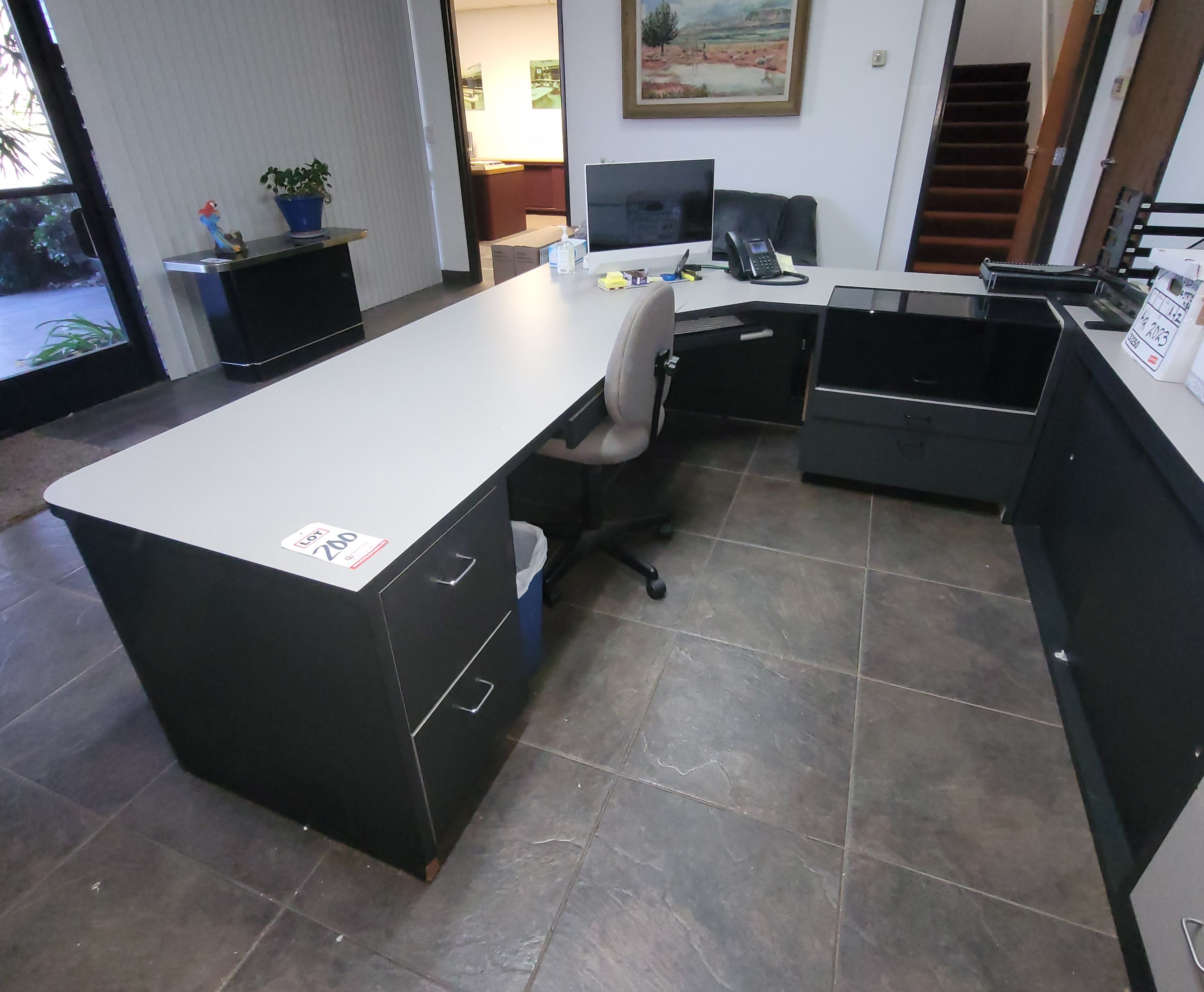 L-SHAPE LOBBY DESK W/ SOUND ENCLOSURE AND 3-DRAWER PEDESTAL, COLOR: CHARCOAL & GREY GRANITE TOP, DIM: 96"W X 54"D, CONTENTS NOT INCLUDED-200