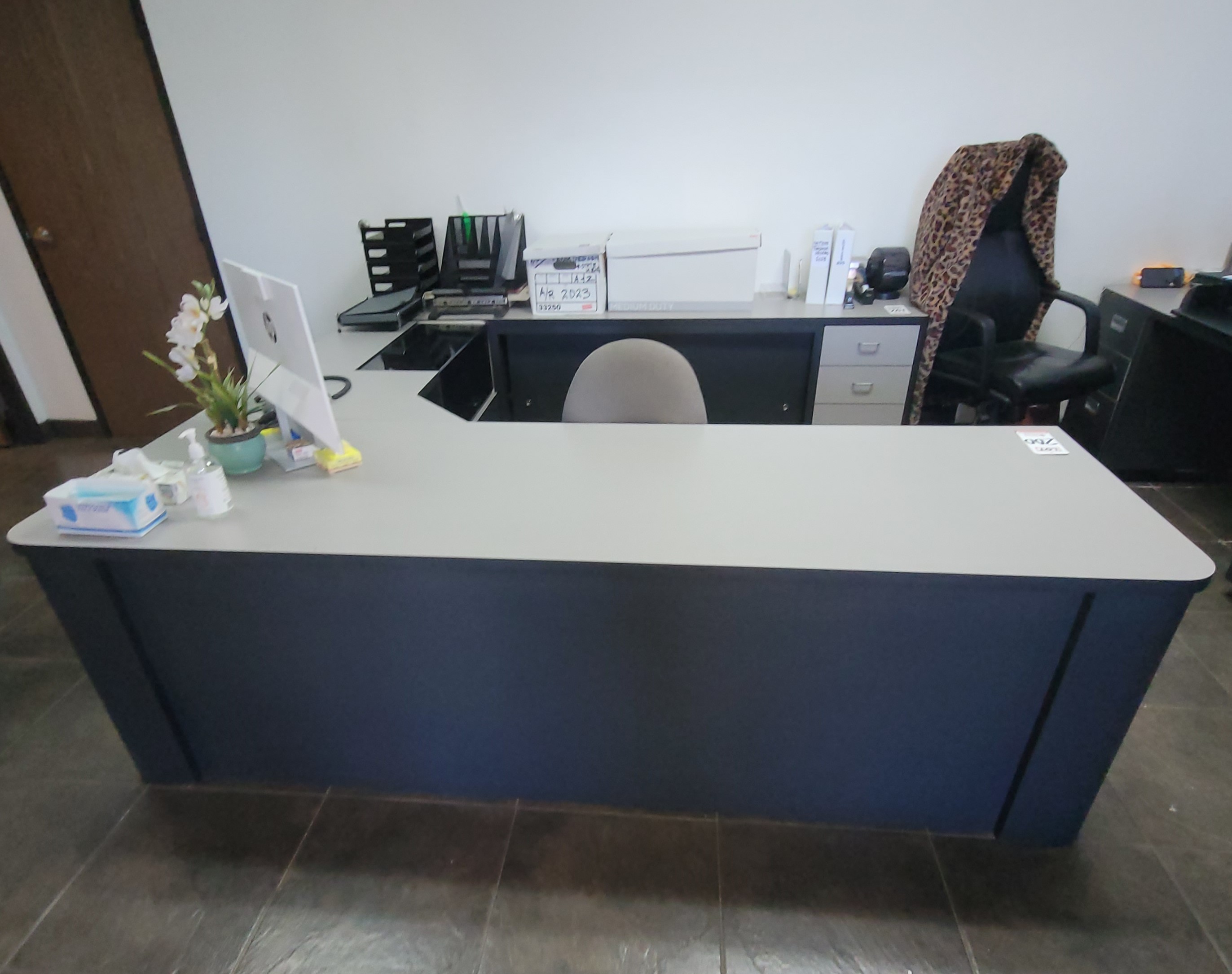 L-SHAPE LOBBY DESK W/ SOUND ENCLOSURE AND 3-DRAWER PEDESTAL, COLOR: CHARCOAL & GREY GRANITE TOP, DIM: 96"W X 54"D, CONTENTS NOT INCLUDED-200