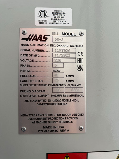 Haas-2022 HAAS DM-2 CNC VERTICAL DRILL/MILL MACHINING CENTER, MOLD MAKER, HAAS CNC CONTROL, TABLE: 34" X 15", XYZ TRAVELS: 28" X 16" X 15", CAT 40 TAPER, 15,000 RPM SPINDLE, SIDE MOUNT 18 ATC, 15 HP, THROUGH SPINDLE COOLANT, PROGRAMMABLE COOLANT NOZZLE, 32 GB EXPANDED MEMORY, WIRELESS INTUITIVE PROBING, TOOL AIR BLAST, CHIP CONVEYOR, 4TH AXIS READY, SUBPLATE, S/N 1197026-25