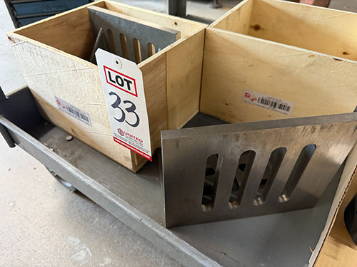 LOT - (2) HAAS 90 DEGREE ANGLE PLATES, 9" X 7" X 6", W/ GUSSET SLOTS, W/ ORIGINAL WOOD BOXES-33