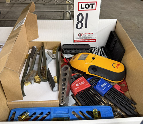 LOT - ALLEN WRENCHES, STUD SENSOR, WIRE BRUSHES, TORPEDO LEVEL AND V-TAP GUIDE-81