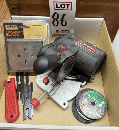 LOT - (1) DRILL MASTER 2" ABRASIVE CUT-OFF SAW (FITS 3" WHEELS ALSO) AND (2) 4" FLOOR SCRAPER BLADES-86