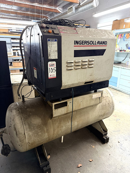 INGERSOLL RAND 10 HP AIR COMPRESSOR, MODEL SSR-EP10, 35 CFM, 125 PSIG OPERATING PRESSURE, S/N LX0114U97330-105