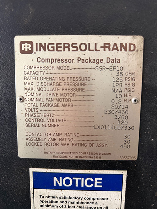 INGERSOLL RAND 10 HP AIR COMPRESSOR, MODEL SSR-EP10, 35 CFM, 125 PSIG OPERATING PRESSURE, S/N LX0114U97330-105