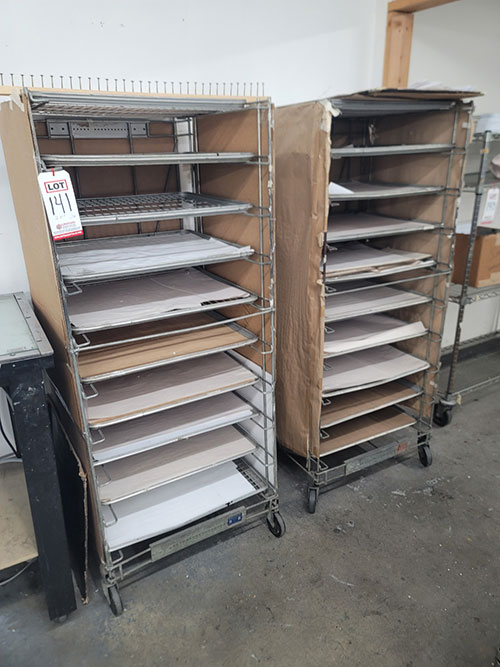 LOT - (2) SCREEN PRINTING DRYING RACKS, ON CASTERS, 27" X 27" X 64" HT, WIRE PULL-OUTS ARE 25" X 22-1/2"-141