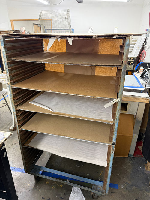 LOT - (2) SCREEN PRINTING DRYING RACKS, ON CASTERS, 34-1/2" X 24" X 59" HT, SHELF PULL-OUTS ARE 32" X 24"-142