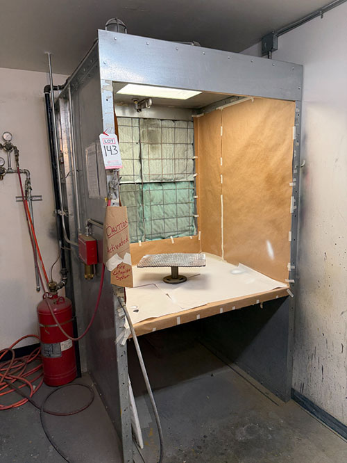 SPRAYLINE MFG. SPRAY BOOTH, BENCH TYPE, LIGHTED, 48"W X 5'-2"L X 7'-2"HT, MODEL SL-ISB-457B, 1 HP EXHAUST FAN, (4) 20" X 20" EXHAUST FILTERS, W/ PYRO-CHEM PCI-35 ABC FIRE SUPPRESSION SYSTEM, PYRO-CHEM NMCH3 CONTROL HEAD-143