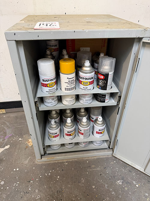 SPRAY PAINT CABINET, 24+ CAN CAPACITY, 18" X 18" X 26" HT, SOLD W/ CONTENTS-146