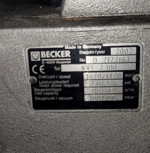 BECKER KVT 3.100 ROTARY VANE VACUUM PUMP, CONTINUOUS DUTY/OIL-LESS, S/N D 2173163-150