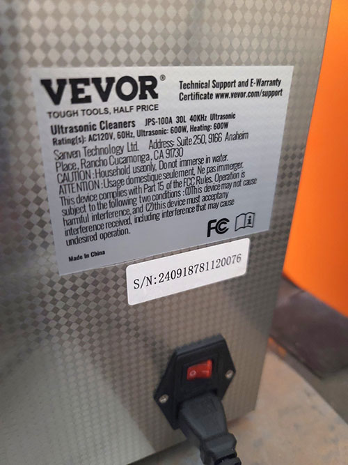 VEVOR DIGITAL ULTRASONIC CLEANER, MODEL JPS-100A, S/N 240918781120076-161