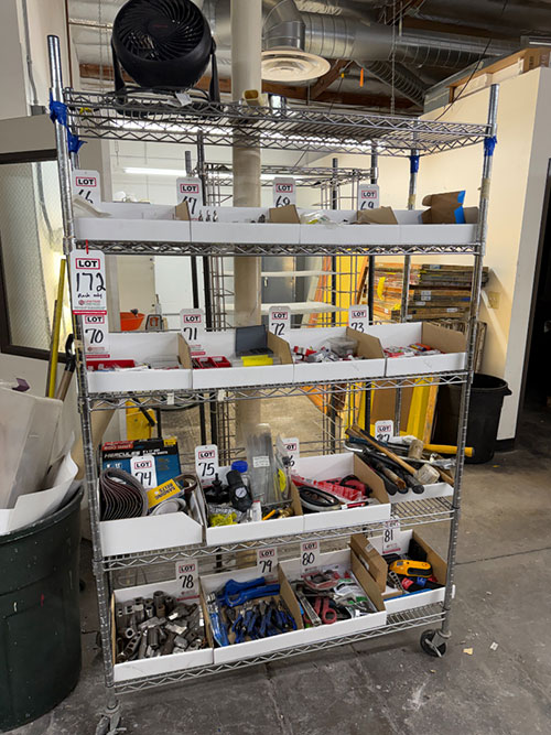 WIRE RACK ON CASTERS, 4' X 18" X 77" HT, CONTENTS NOT INCLUDED, (DELAYED PICKUP UNTIL MONDAY, JUNE 22)-172