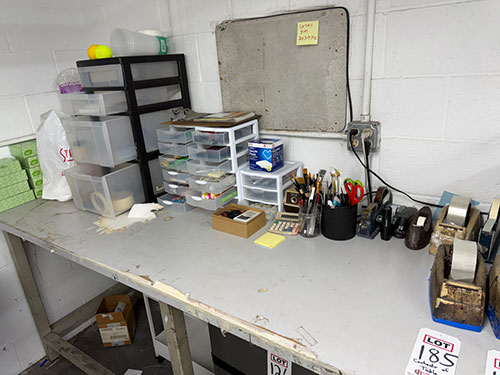 LOT - CONTENTS ONLY OF ITEMS ON TOP OF TABLE, TO INCLUDE: OFFICE/SHIPPING SUPPLIES, PLASTIC PARTS ORGANIZERS, FACIAL TISSUE-185