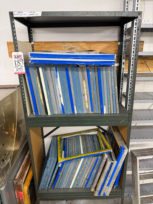 STEEL SHELF UNIT, W/ CONTENTS OF ALUMINUM SCREENPRINT FRAMES-189