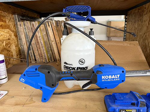 LOT -KOBALT CORDLESS 24V WEEDWHACKER AND LEAF BLOWER, W/ (2) 24V RECHARGEABLE BATTERIES AND 1-GAL TANK SPRAYER-203