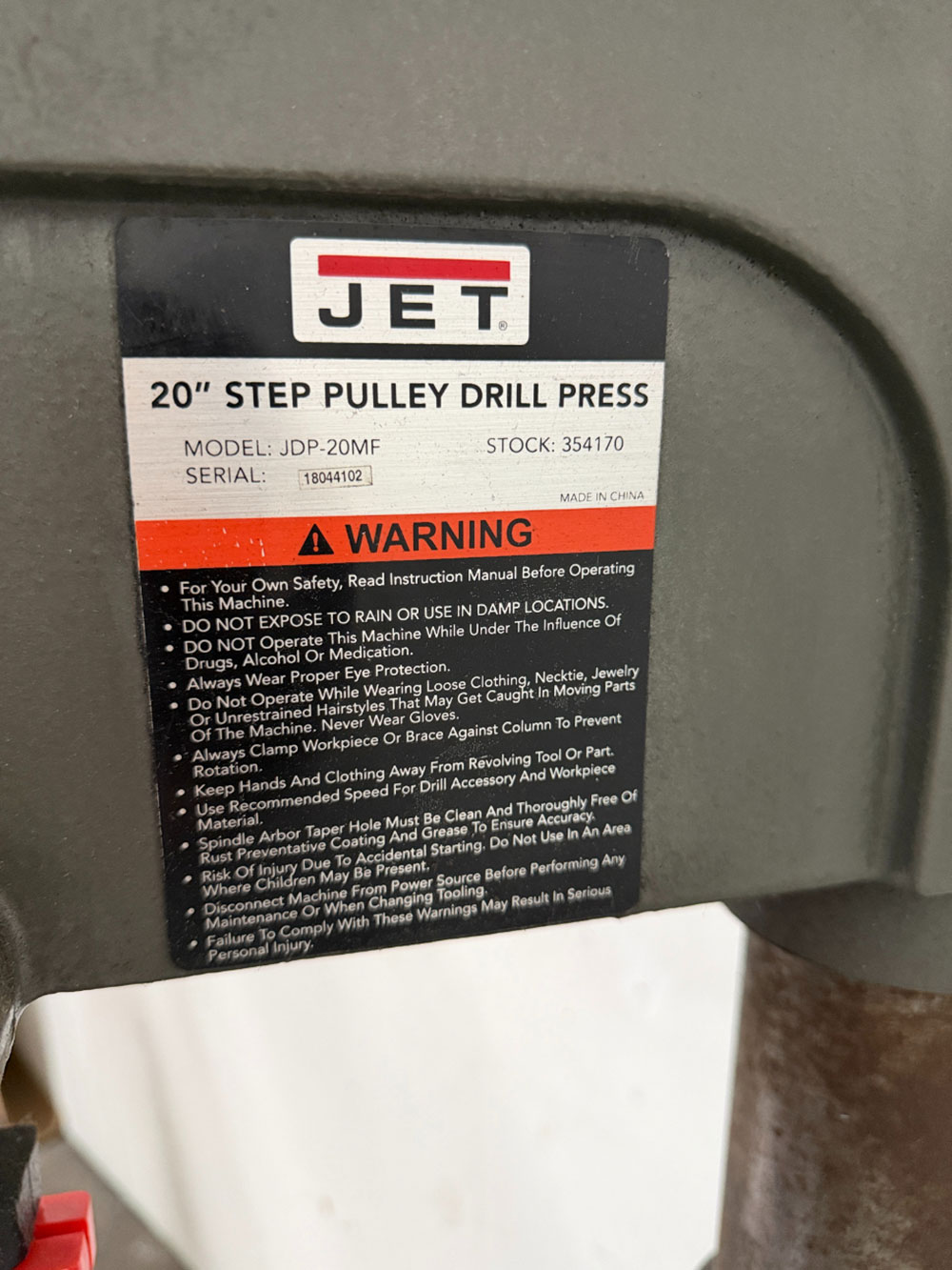JET 20" DRILL PRESS, MODEL JDP-20MF, S/N 18044102-1