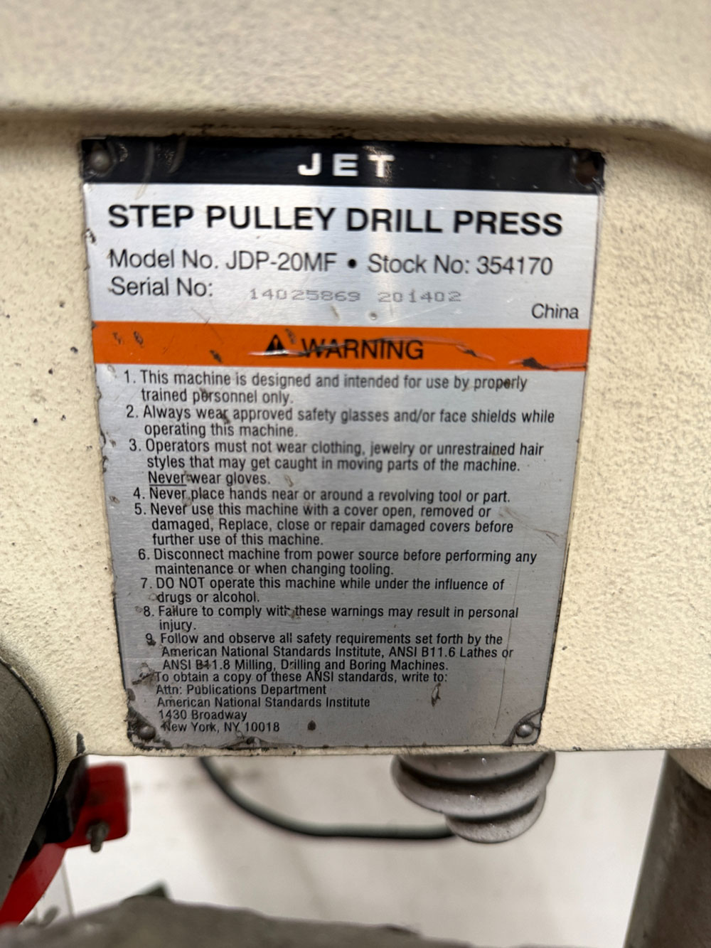 JET 20" DRILL PRESS, MODEL JDP-20MF, S/N 14025869-2