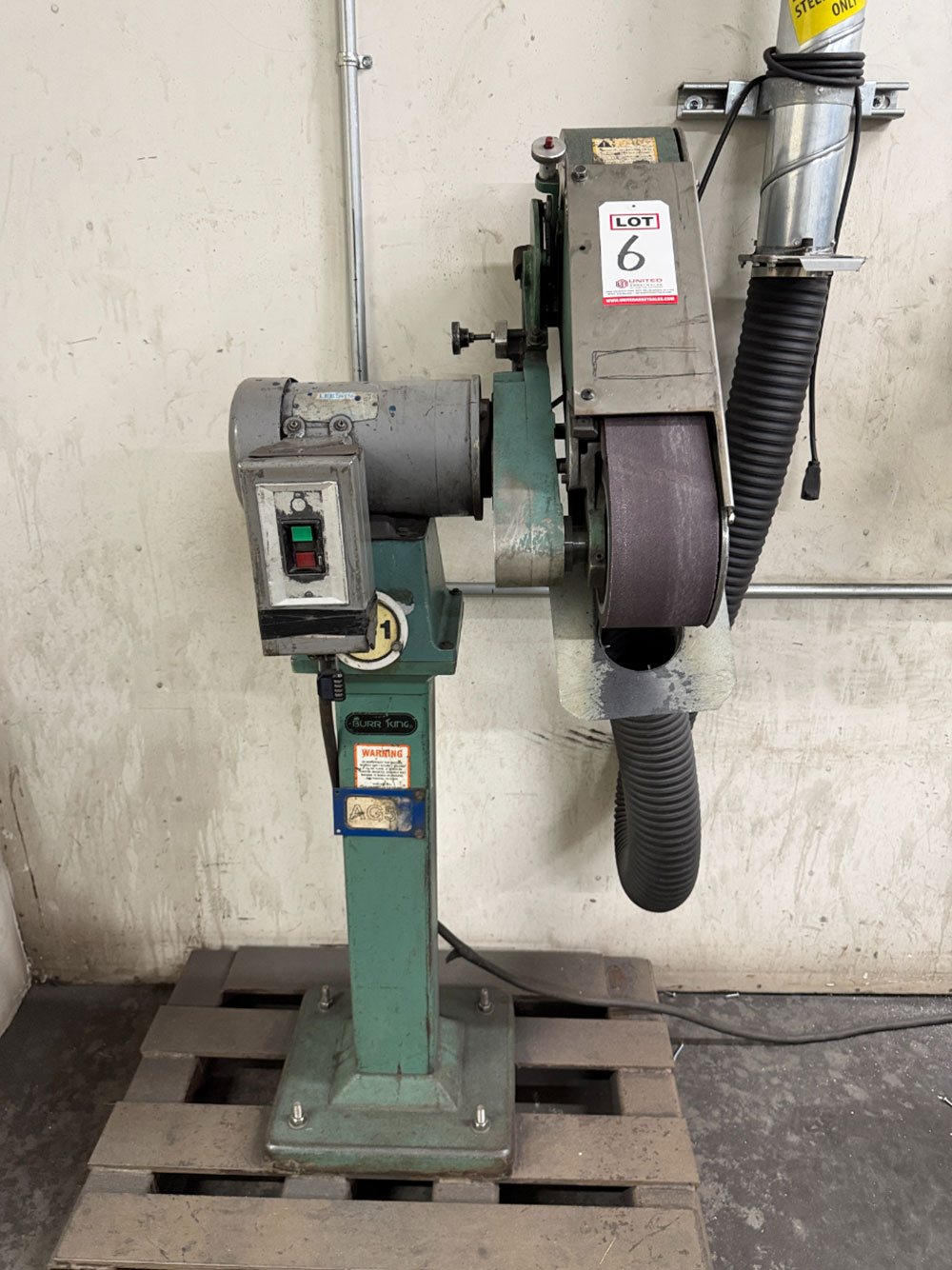 BURR KING 4" TWO WHEEL BELT GRINDER ON PEDESTAL BOLTED TO STEEL SKID, MODEL 960-6