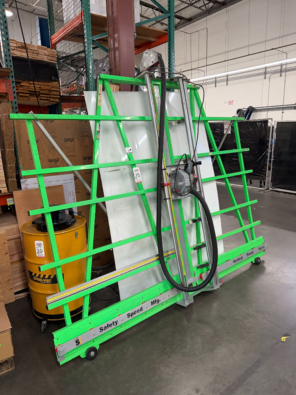 SAFETY SPEED VERTICAL PANEL SAW, W/ MILWAUKEE 3-1/4 HP POWER UNIT AND SHOP-VAC 4 HP INDUSTRIAL WET/DRY VAC-20