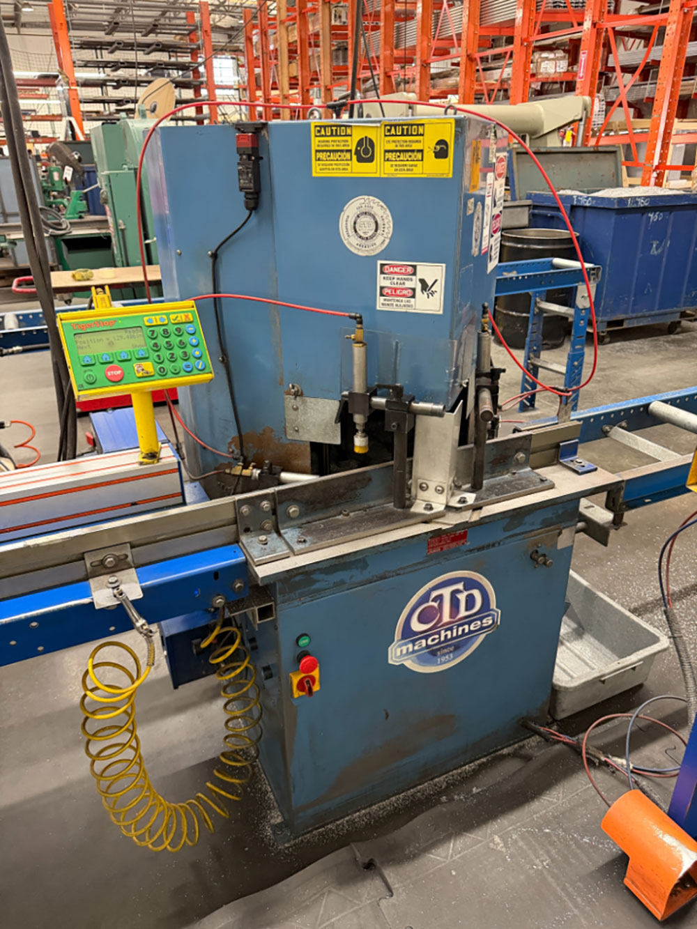 CTD N90 NOTCHING DOUBLE MITRE SAW, S/N 418, W/ INFEED AND OUTFEED TABLES-30