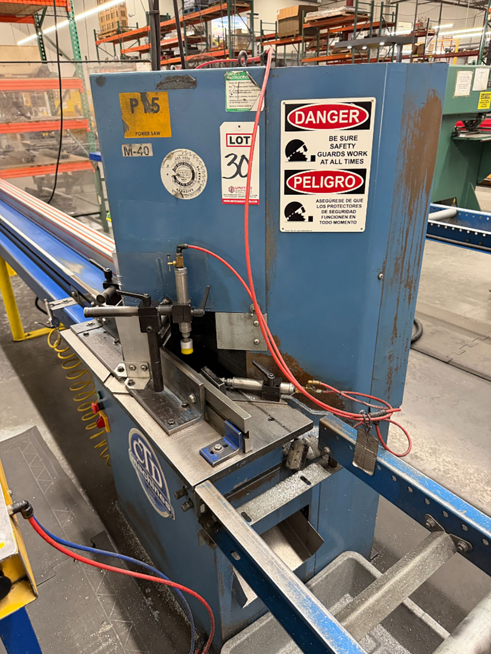 CTD N90 NOTCHING DOUBLE MITRE SAW, S/N 418, W/ INFEED AND OUTFEED TABLES-30