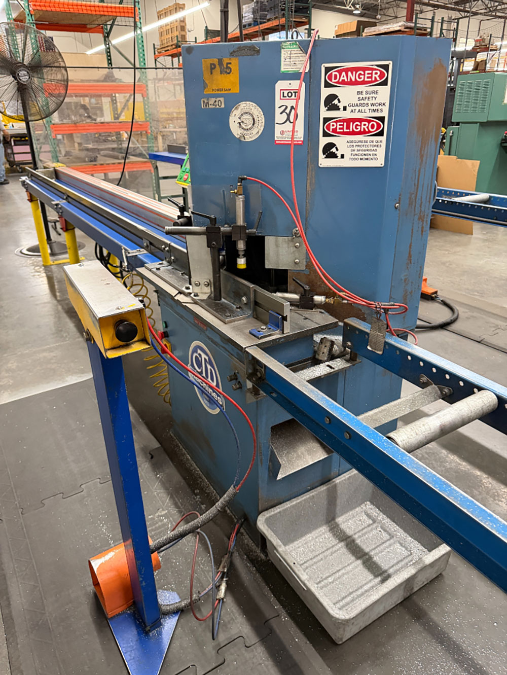 CTD N90 NOTCHING DOUBLE MITRE SAW, S/N 418, W/ INFEED AND OUTFEED TABLES-30