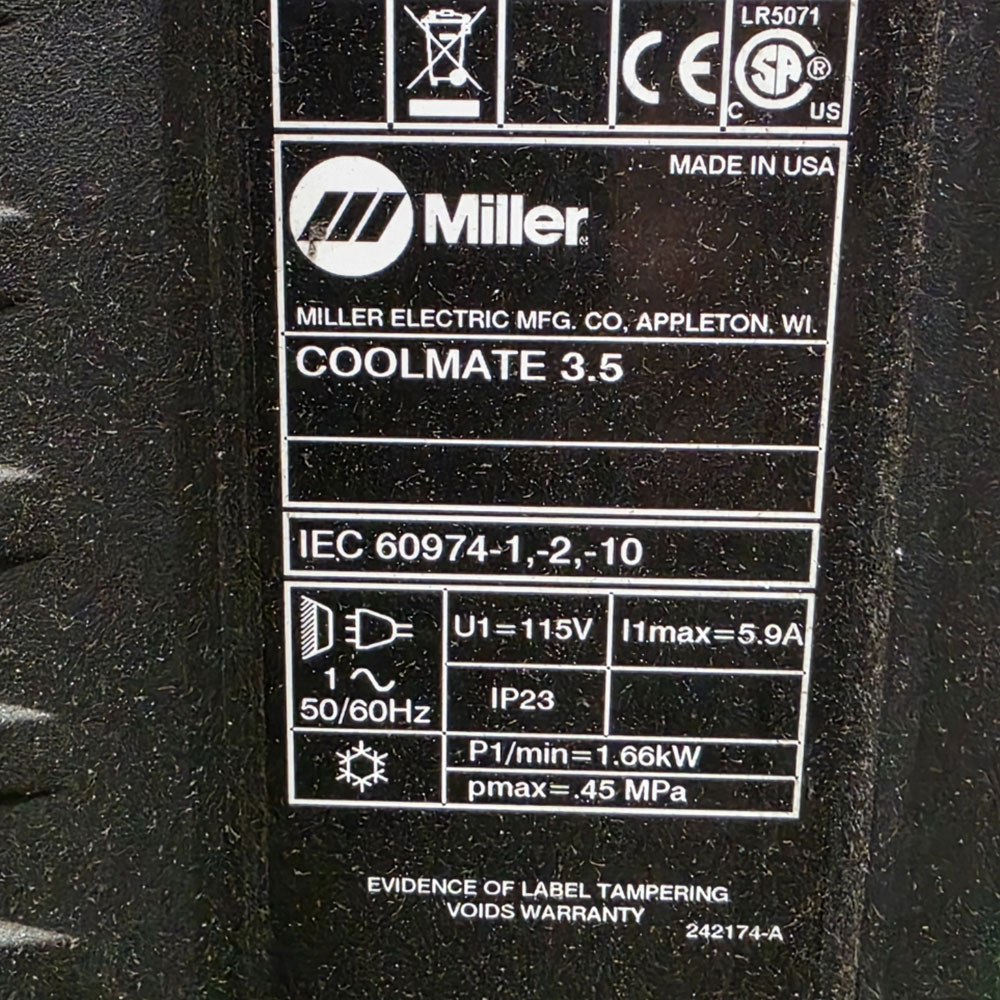 MILLER DYNASTY 350 WELDING POWER SOURCE, STOCK NO. 907204001, S/N ME140064L, W/ COOLMATE 3.5 CHILLER, GAS CYLINDER NOT INCLUDED-39