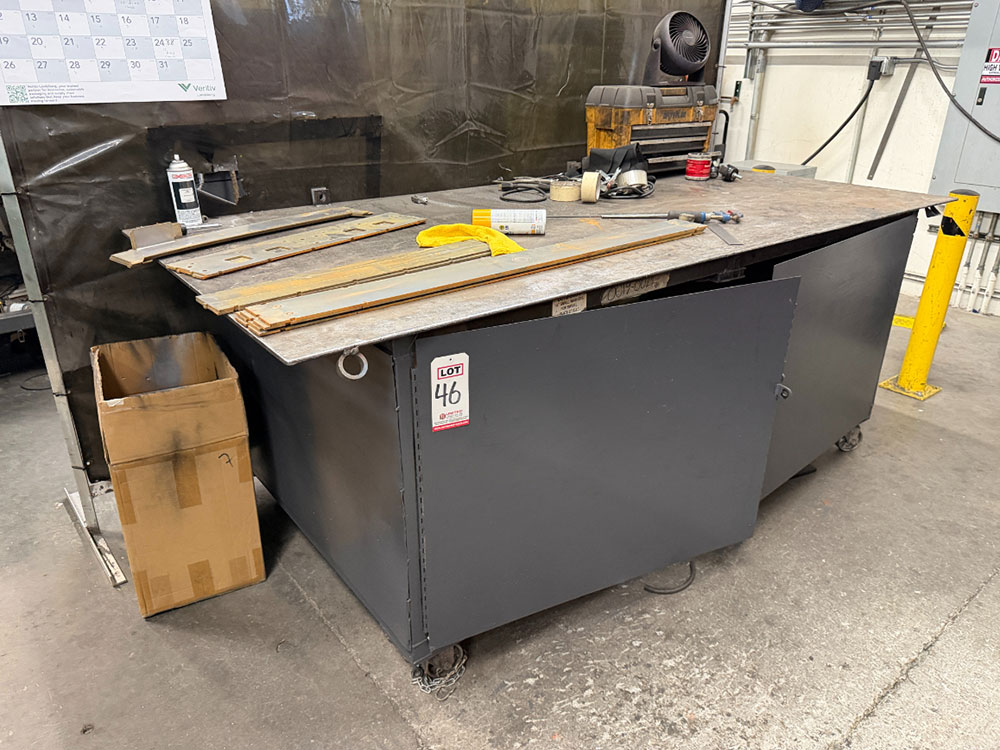 WELDING TABLE W/ 4' X 8' X 3/8" THICK TOP, 38" TOP HT, STEEL CASTERS, CONTENTS NOT INCLUDED-46