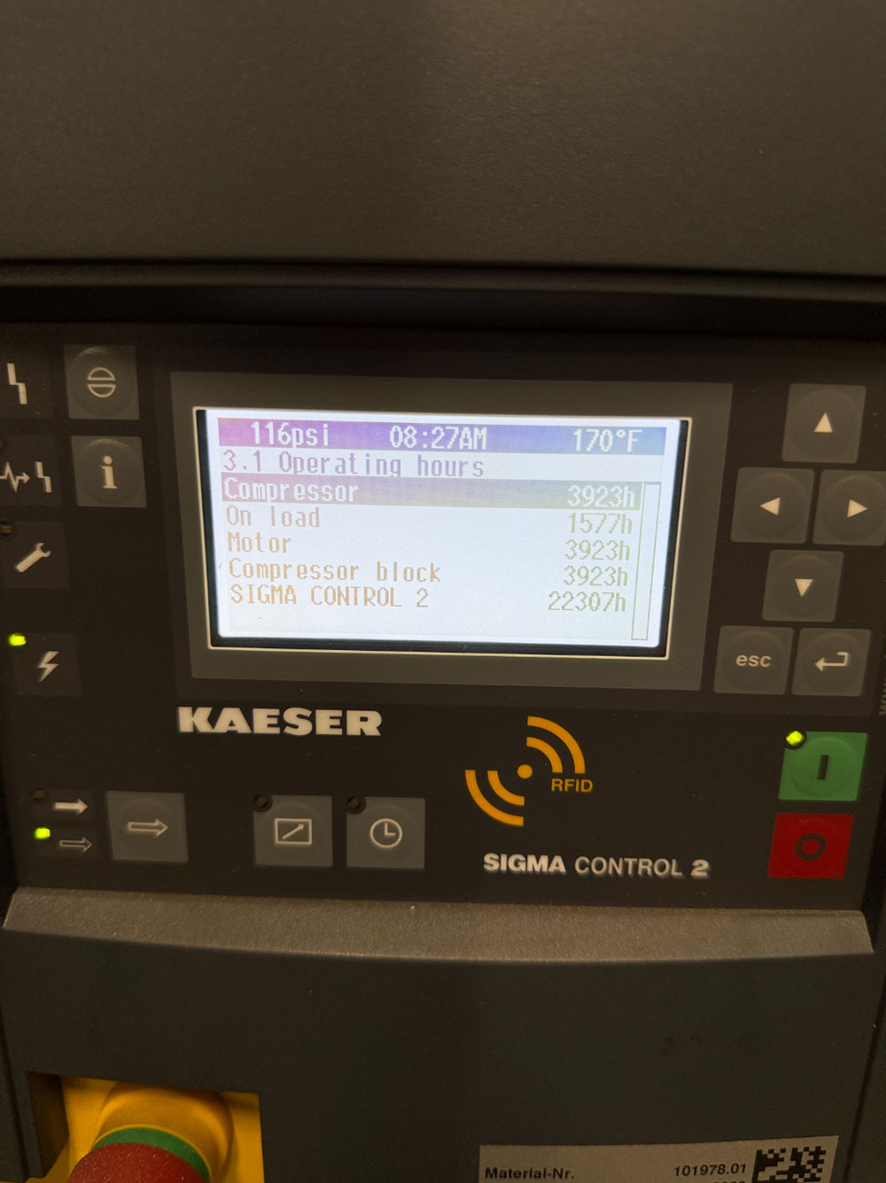 2023 KAESER SK 20 AIR COMPRESSOR, ROTARY SCREW TYPE, 20 HP, SIGMA CONTROL 2 DIGITAL CONTROLLER, ENCLOSED CABINET, S/N 2029-9261505-48