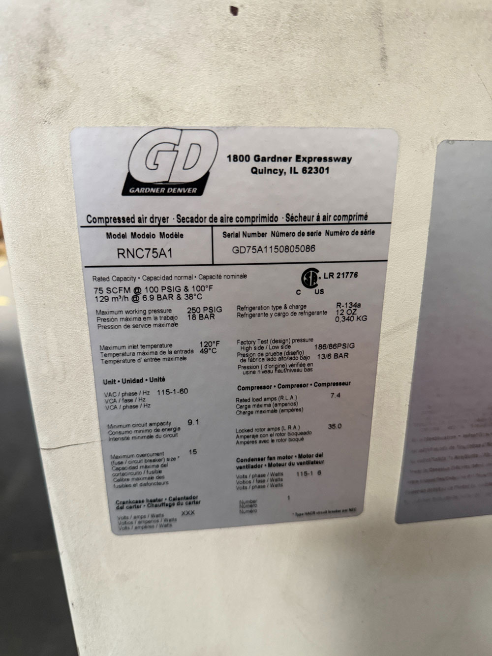 GARDNER DENVER REFRIGERATED AIR DRYER, MODEL RNC75A1, S/N GD75A1150805086-50