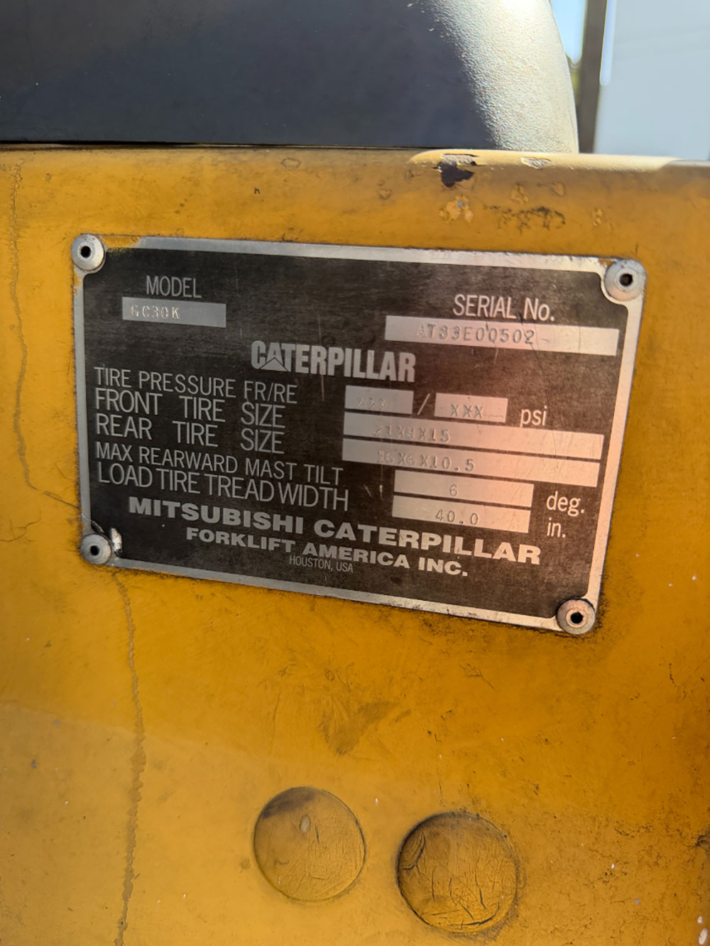 2004 CATERPILLAR LPG FORKLIFT, MODEL GC30K, 6,000 LB CAPACITY, 4-STAGE MAST, SIDE SHIFT, 5' FORKS, SOLID CUSHION TIRES, LOAD LIGHTS, REARVIEW MIRRORS, REAR SAFETY BEACON, CLEARCAP RAINCAP, APPROX. 8,077 HOURS, S/N AT83E00502, (DELAYED PICKUP UNTIL TUESDAY, AUGUST 18)-64