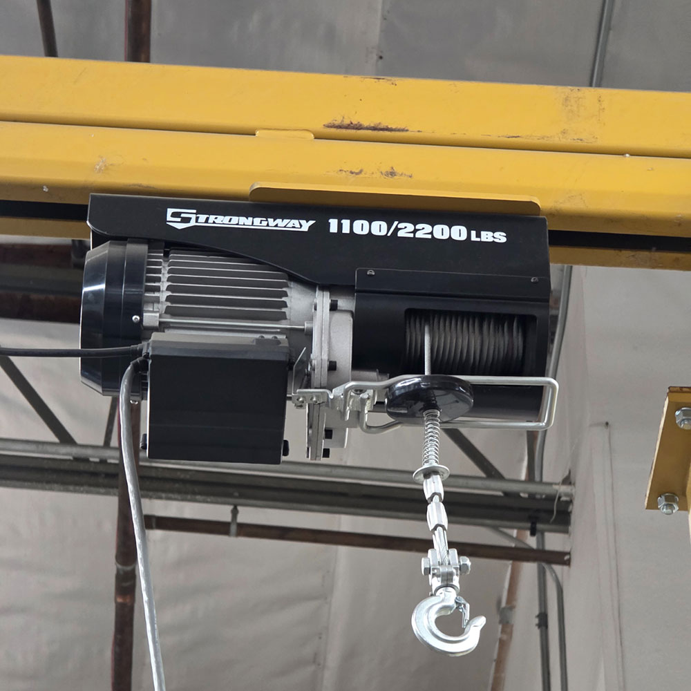 SHOP CRANE 2,000 LB CAPACITY FREESTANDING BRIDGE CRANE W/ ELECTRIC CABLE HOIST, PENDANT CONTROL, 14-1/2' BRIDGE LENGTH, 14-1/2' RUNWAY LENGTH, 12-1/2' HIGHEST HOOK HT, APPROX. 15' OVERALL HT-65