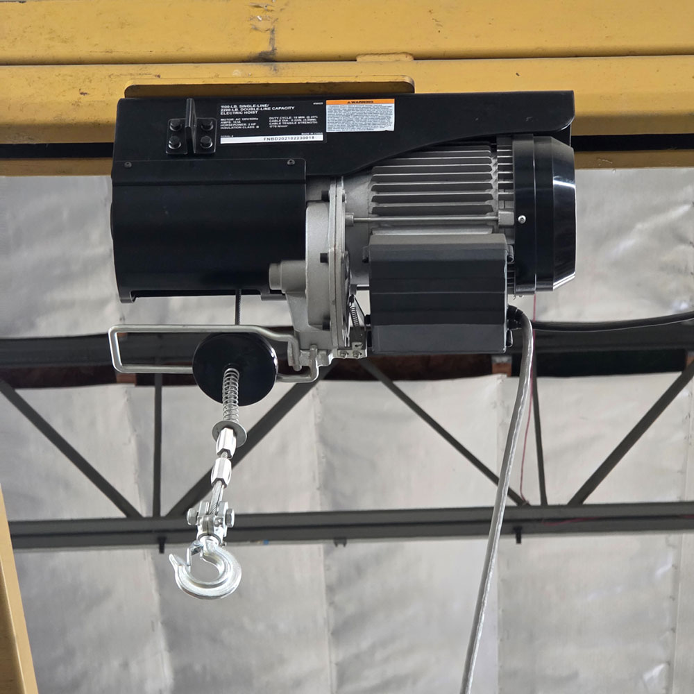 SHOP CRANE 2,000 LB CAPACITY FREESTANDING BRIDGE CRANE W/ ELECTRIC CABLE HOIST, PENDANT CONTROL, 14-1/2' BRIDGE LENGTH, 14-1/2' RUNWAY LENGTH, 12-1/2' HIGHEST HOOK HT, APPROX. 15' OVERALL HT-65