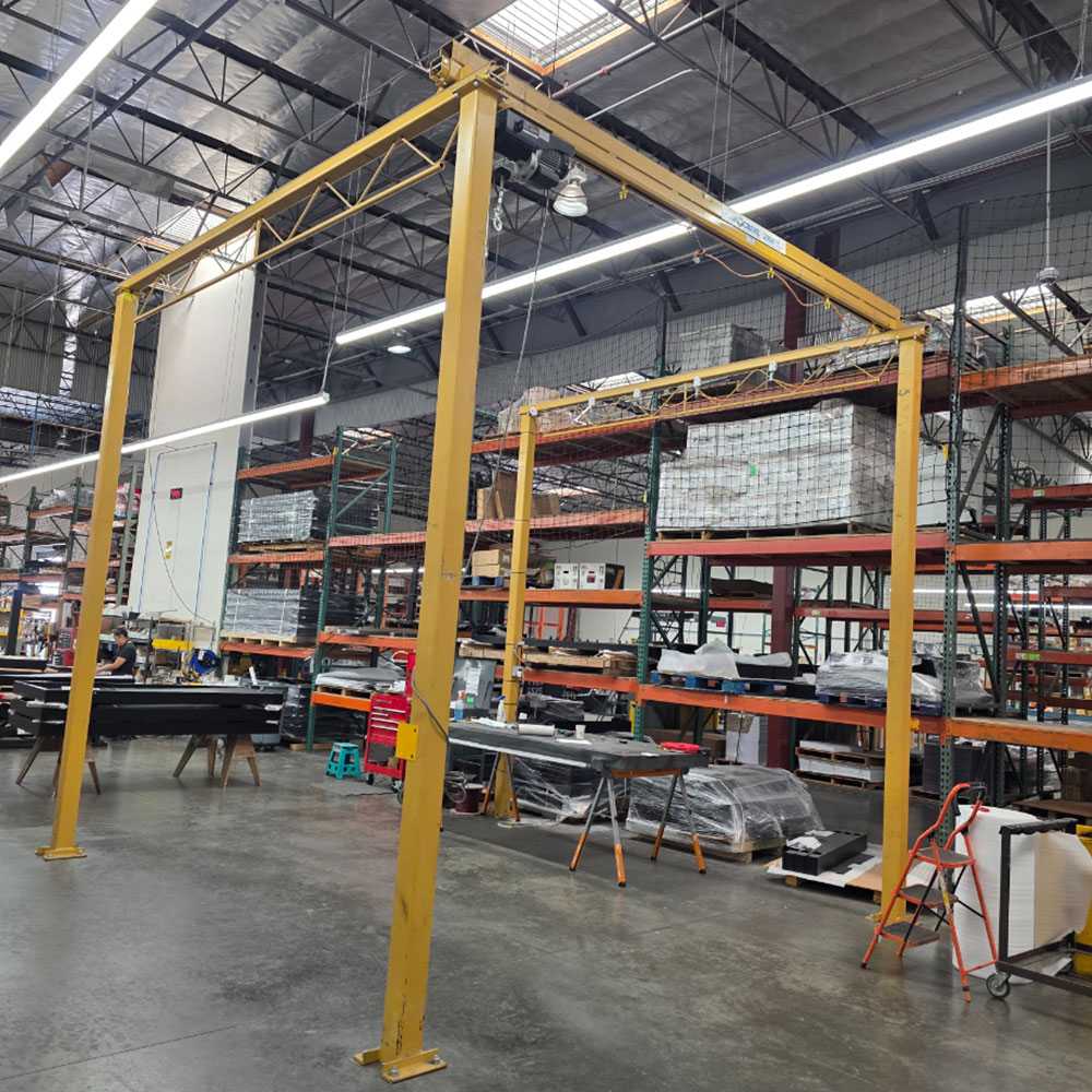 SHOP CRANE 2,000 LB CAPACITY FREESTANDING BRIDGE CRANE W/ ELECTRIC CABLE HOIST, PENDANT CONTROL, 14-1/2' BRIDGE LENGTH, 14-1/2' RUNWAY LENGTH, 12-1/2' HIGHEST HOOK HT, APPROX. 15' OVERALL HT-65