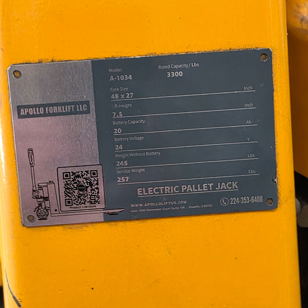 APOLLO FORKLIFT ELECTRIC PALLET JACK, MODEL A-1034, 3,300 LB CAPACITY-66