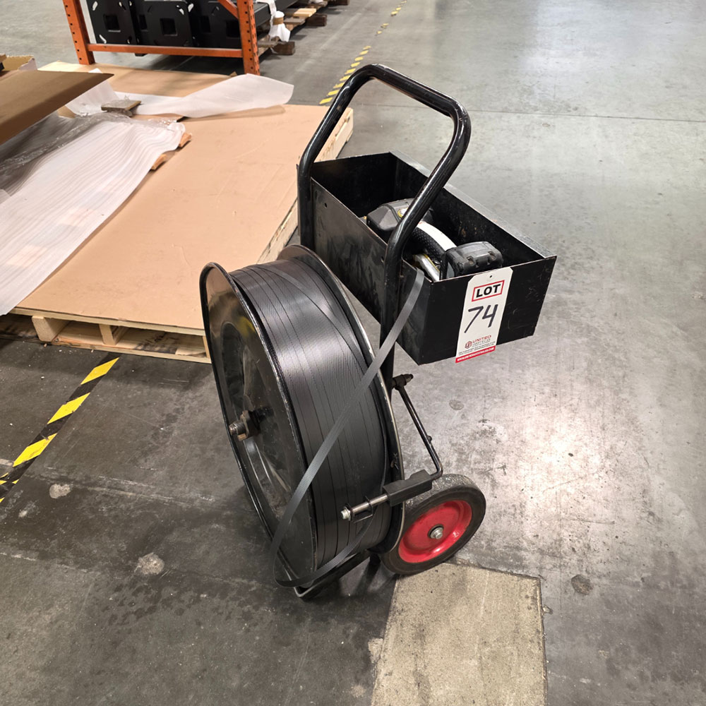 LOT - BANDING CART W/ 1/2" POLY BANDING, W/ FROMM 18 VOLT RECHARGEABLE PLASTIC STRAPPING TOOL, MODEL P328-74