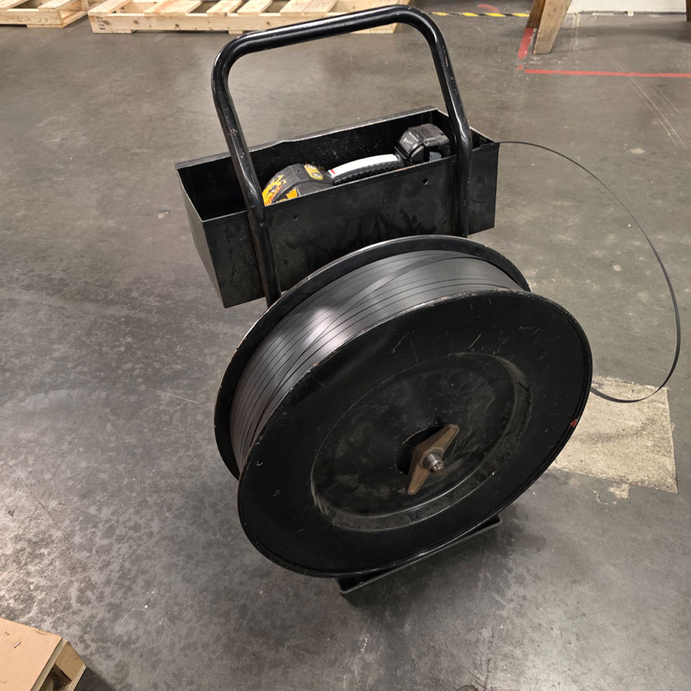 LOT - BANDING CART W/ 1/2" POLY BANDING, W/ FROMM 18 VOLT RECHARGEABLE PLASTIC STRAPPING TOOL, MODEL P328-74