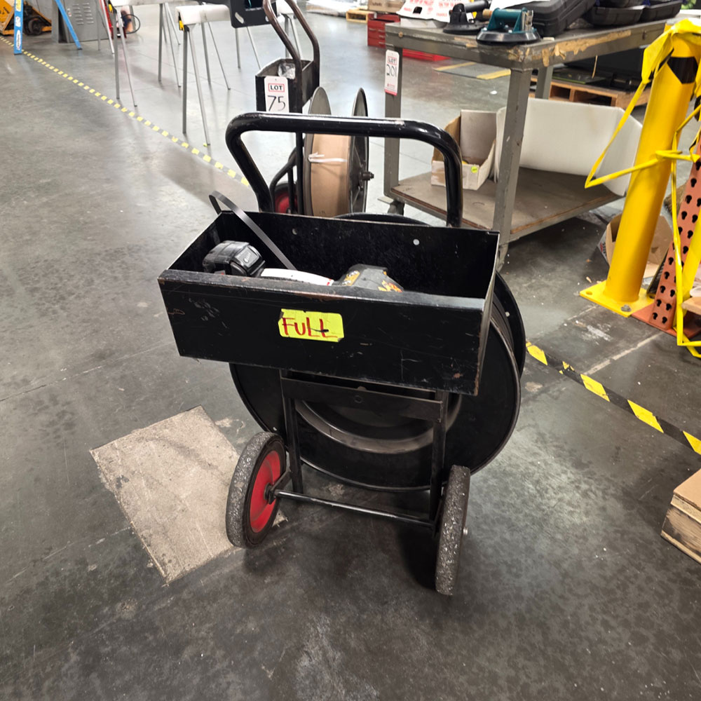LOT - BANDING CART W/ 1/2" POLY BANDING, W/ FROMM 18 VOLT RECHARGEABLE PLASTIC STRAPPING TOOL, MODEL P328-74