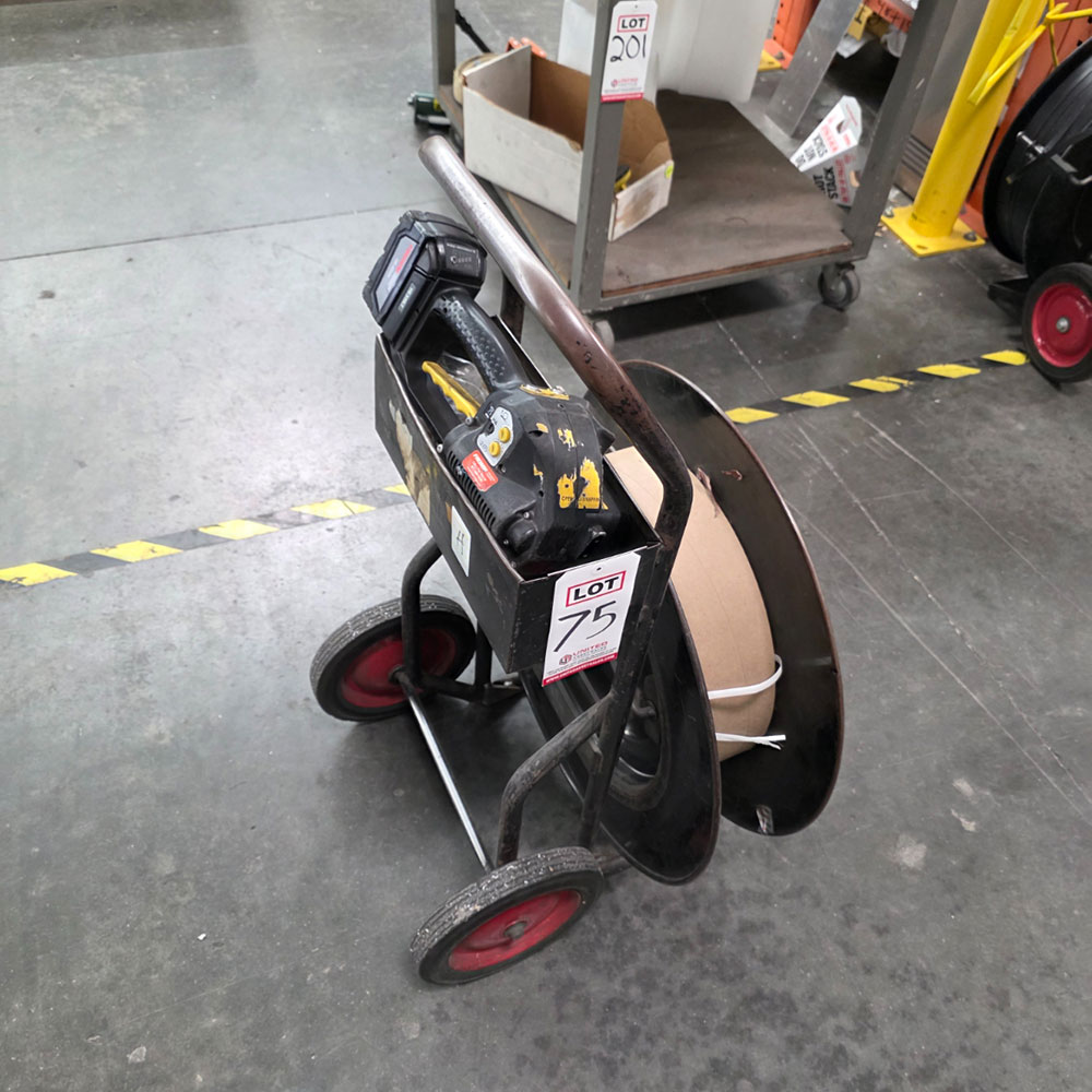 LOT - BANDING CART W/ 1/2" POLY BANDING, W/ FROMM 18 VOLT RECHARGEABLE PLASTIC STRAPPING TOOL, MODEL P328-75