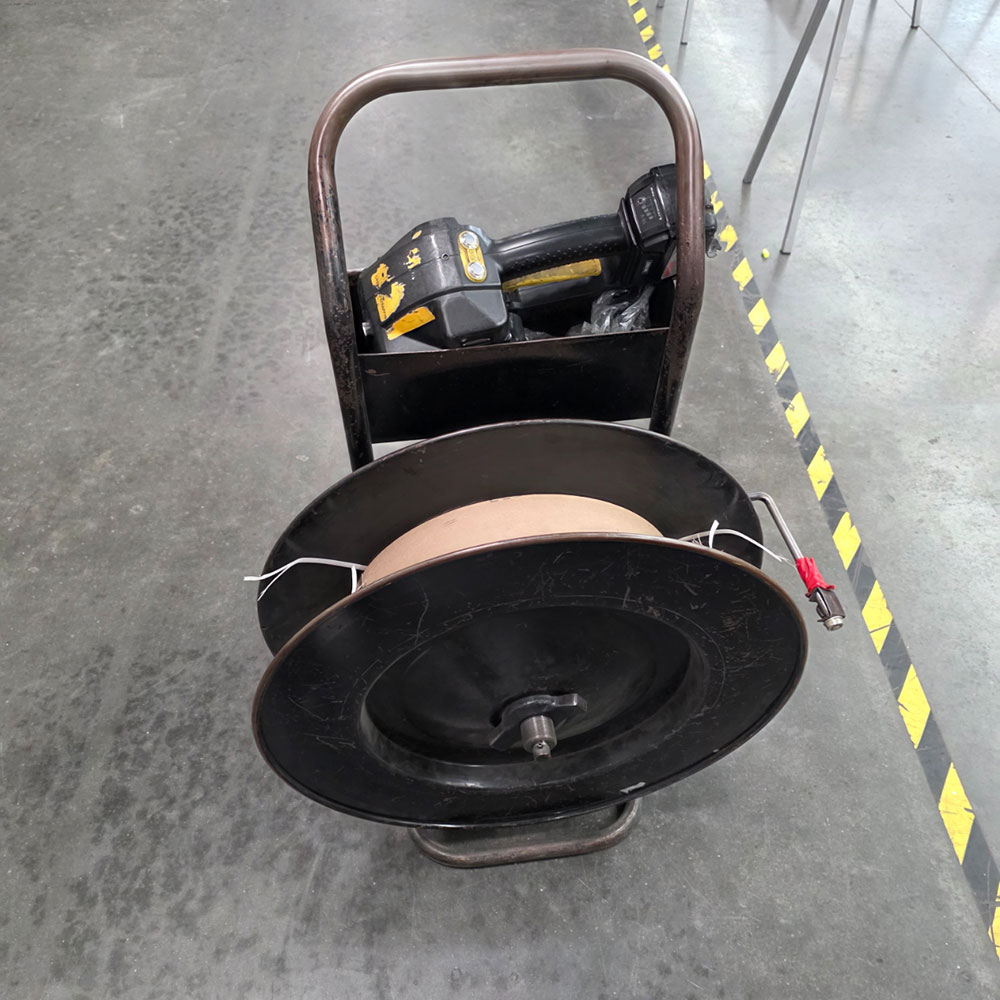 LOT - BANDING CART W/ 1/2" POLY BANDING, W/ FROMM 18 VOLT RECHARGEABLE PLASTIC STRAPPING TOOL, MODEL P328-75