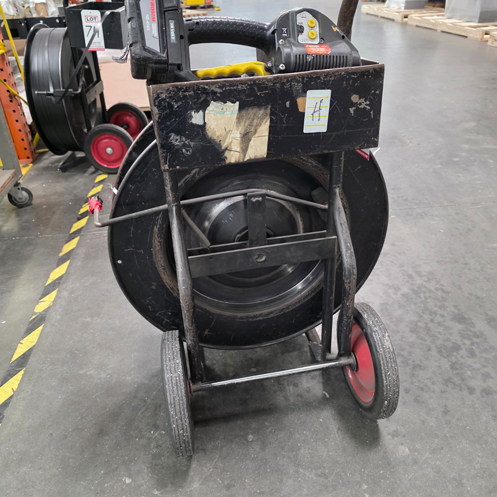 LOT - BANDING CART W/ 1/2" POLY BANDING, W/ FROMM 18 VOLT RECHARGEABLE PLASTIC STRAPPING TOOL, MODEL P328-75